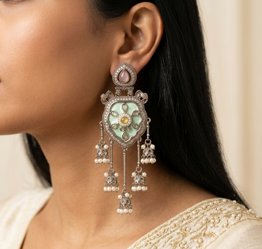 Mint Green Moissanite Style Earrings Indian Ethnic Wedding Jewelry for Women Roz Jewellers