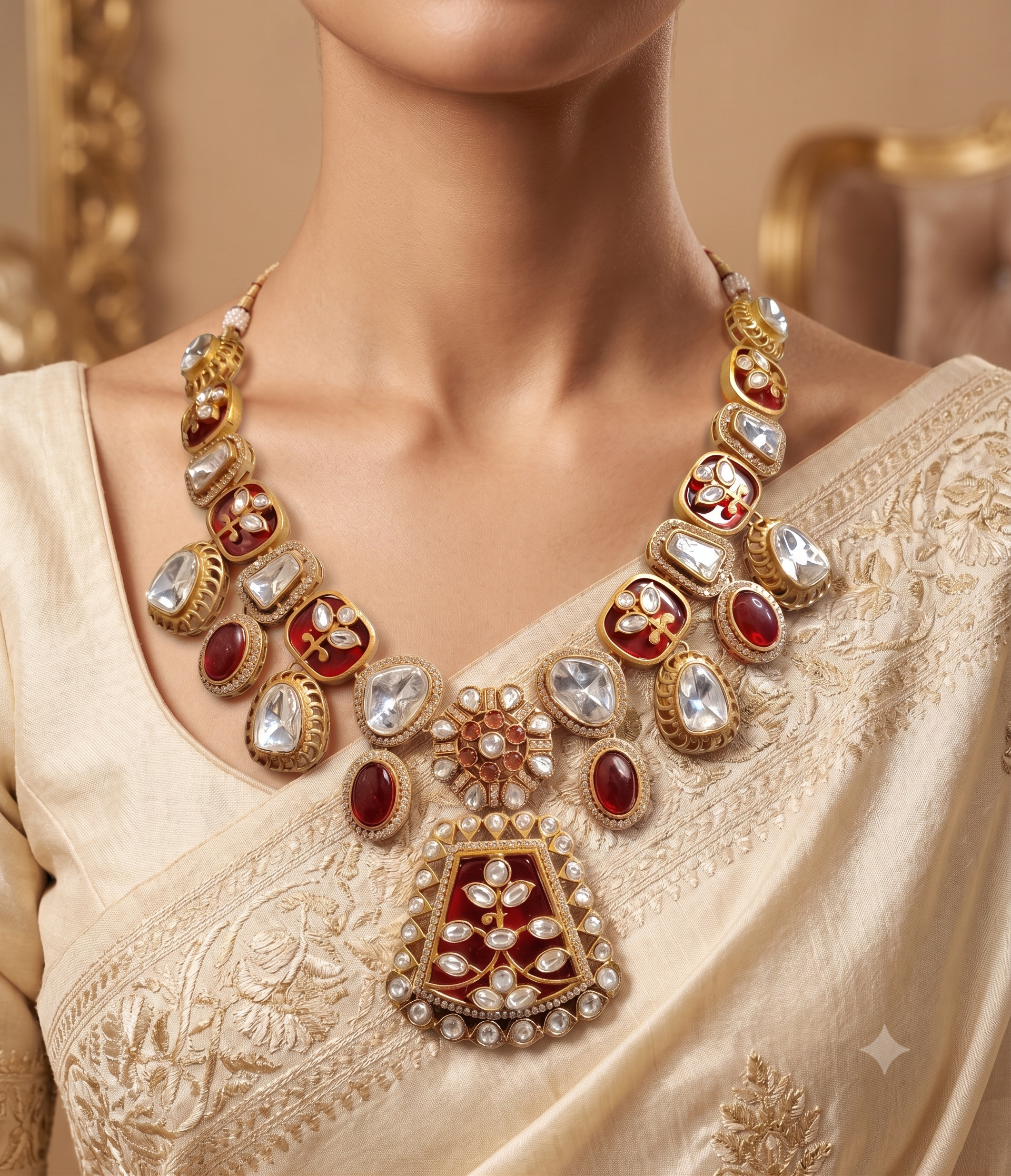 Farah Ruby Red and Gold Kundan Style Necklace Set Roz Jewellers.