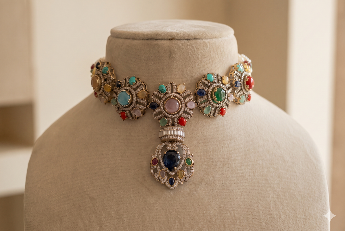 Multi Moissanite Choker Necklace Set with Matching Earrings Indian Bridal Jewelery Roz Jewellers