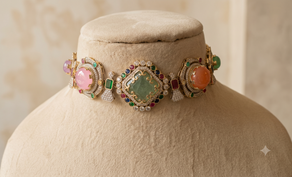 Mint Green Moissanite Bridal Choker Necklace Set Wedding Reception Jewellery Roz Jewellers