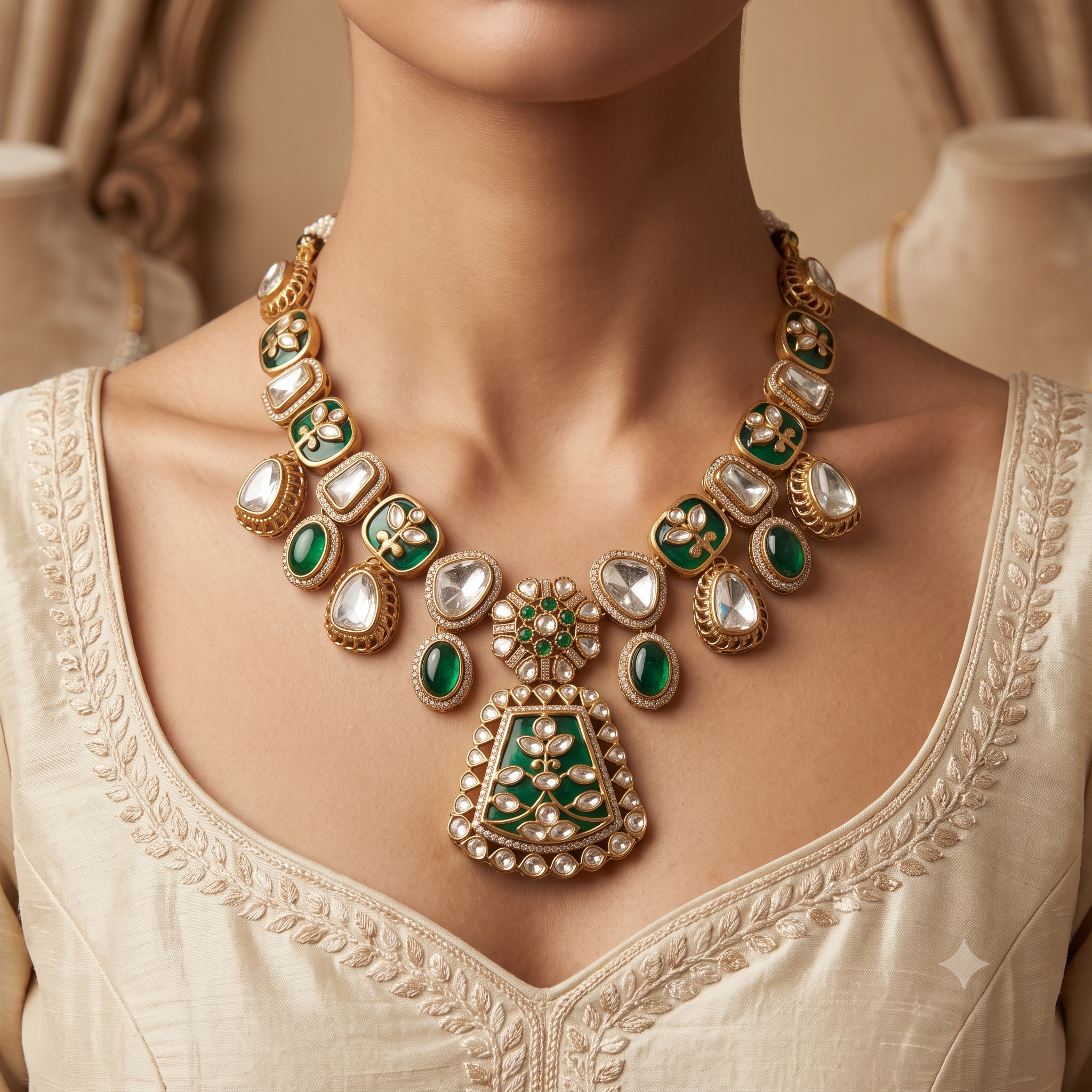 Ramsha Emerald Green and Gold Kundan Style Necklace Set Roz Jewellers.
