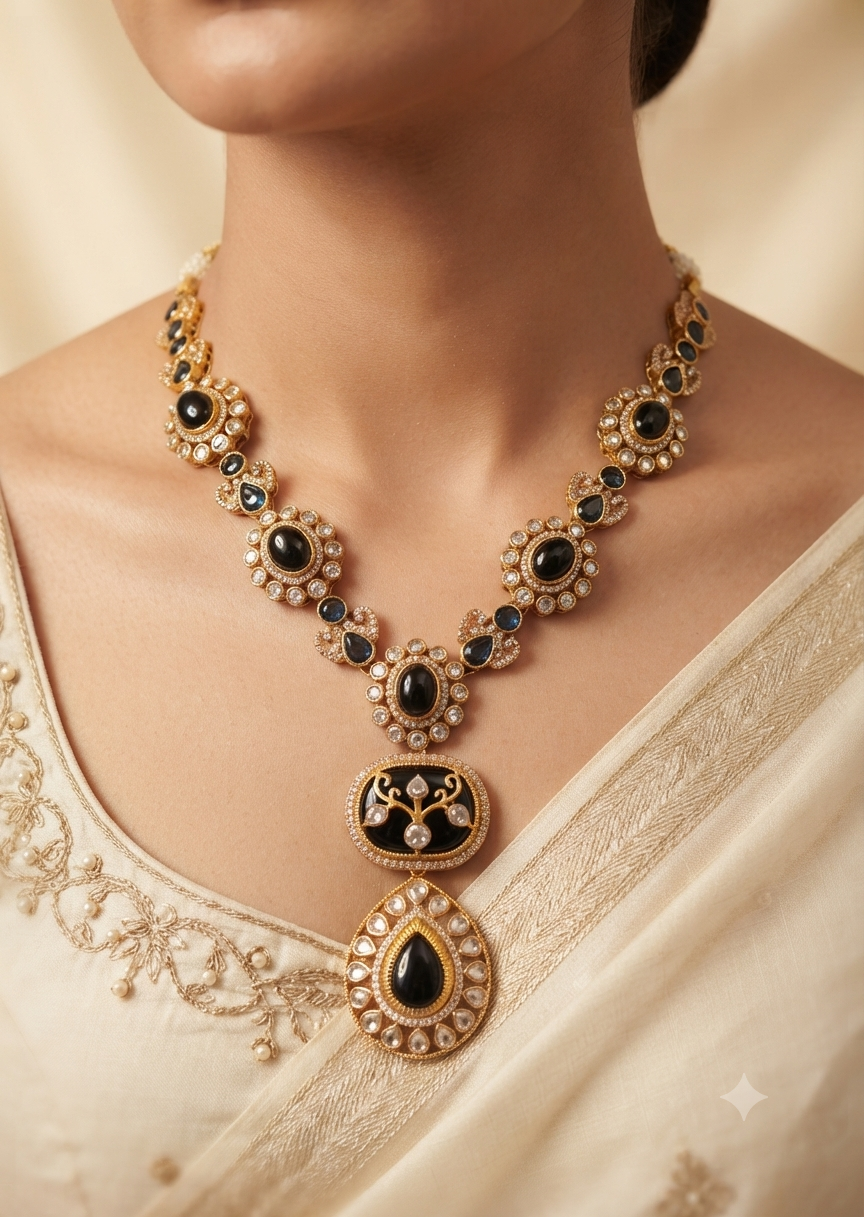 Anam Dark Blue Kundan Wedding, Reception Necklace Set Roz Jewellers.