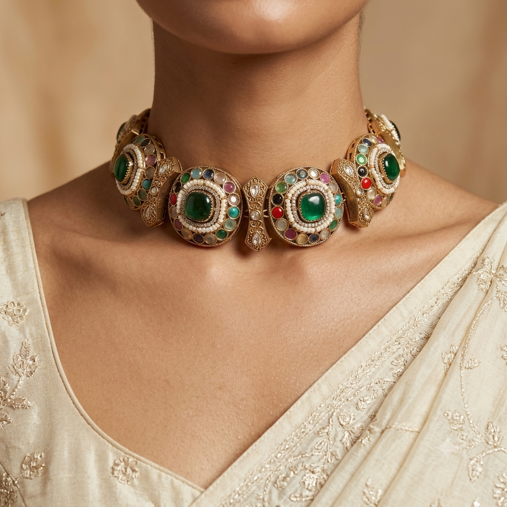 Nafisa Pakistani Emerald Green Royal Kundan Choker Set Roz Jewellers.