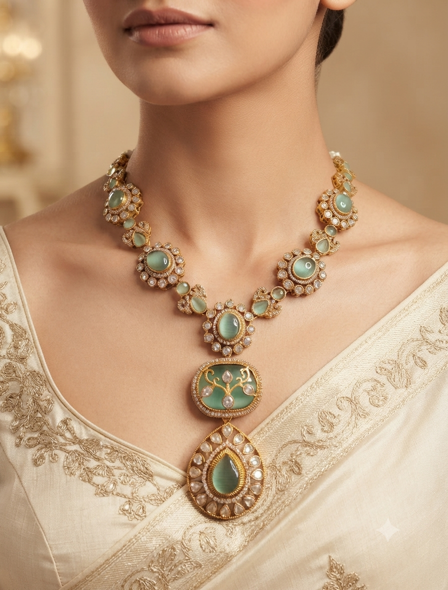 Hadiya Indian Mint Green Stone Necklace Set with Antique Gold Finish Roz Jewellers.