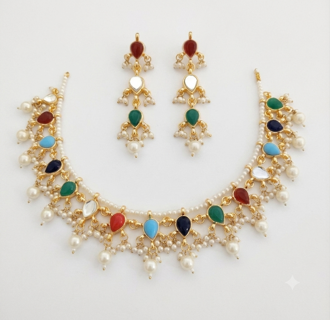 Multicolor Kundan Necklace Set Indian Bridal Jewelry Pakistani Roz Jewellers.
