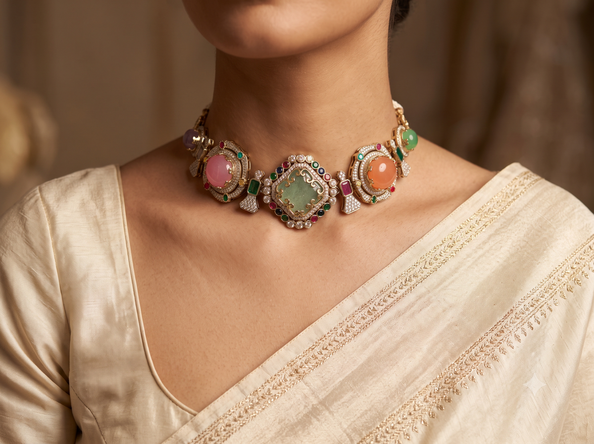 Mint Green Moissanite Bridal Choker Necklace Set Wedding Reception Jewellery Roz Jewellers