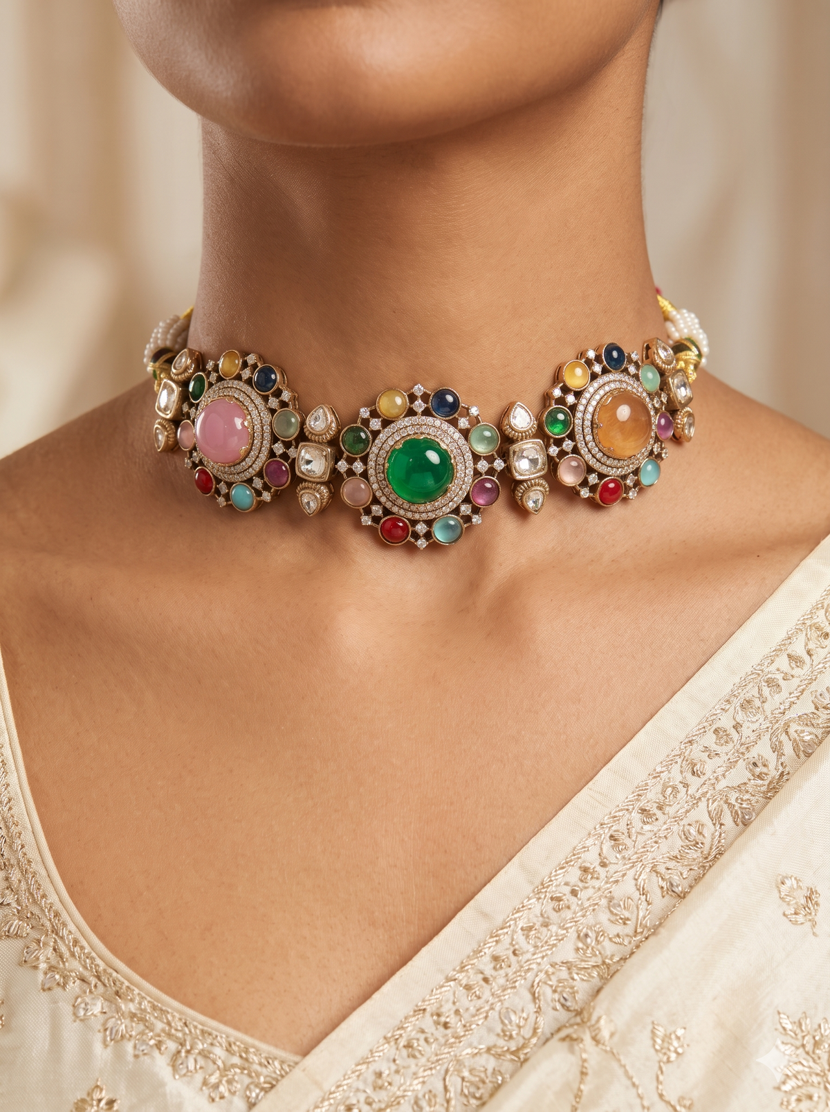 Emerald Multistone Moissanite Choker Set Indian Traditional Bridal Jewelry Roz Jewellers