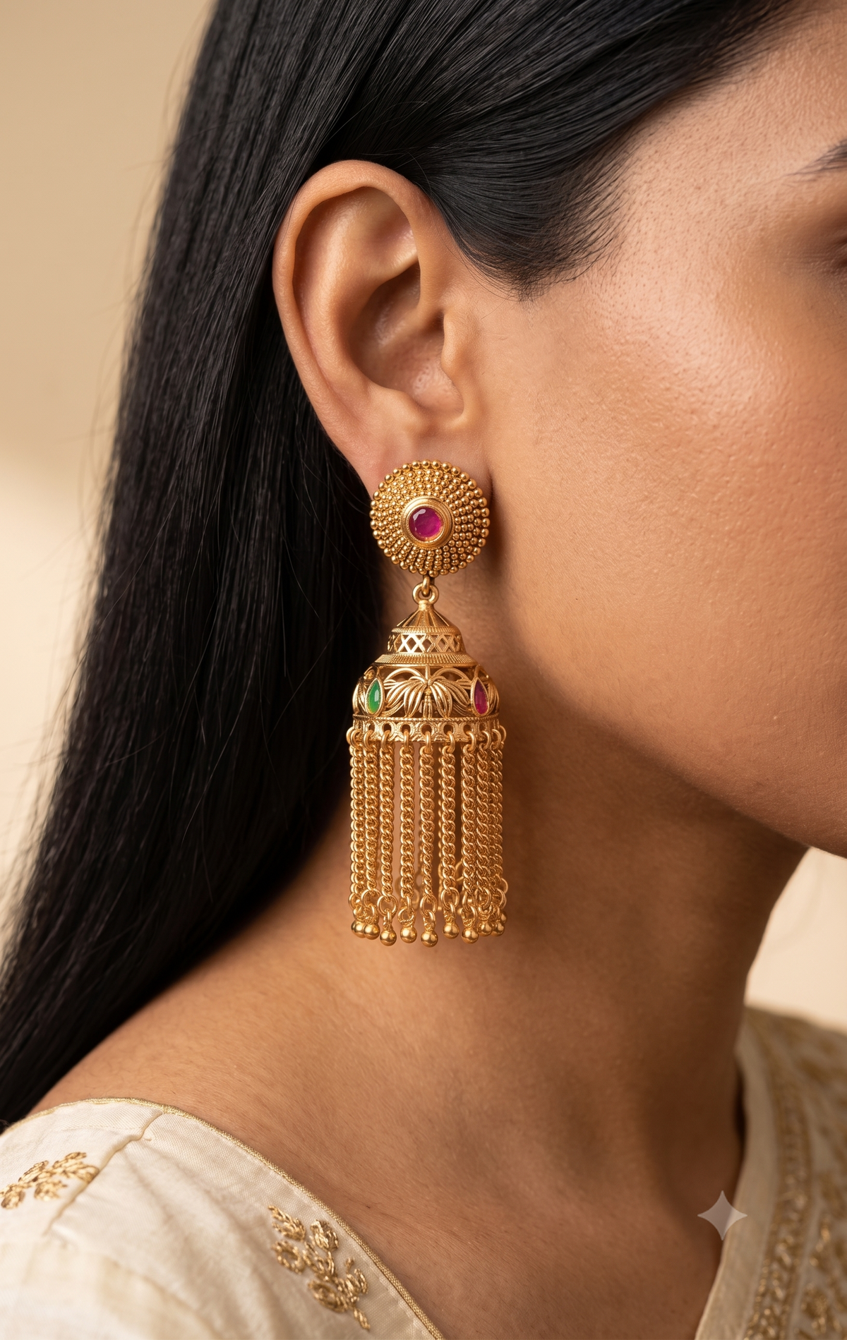 Fringe Royal Ruby Polki Jhumkas with Emerald For Women Roz Jewellers.