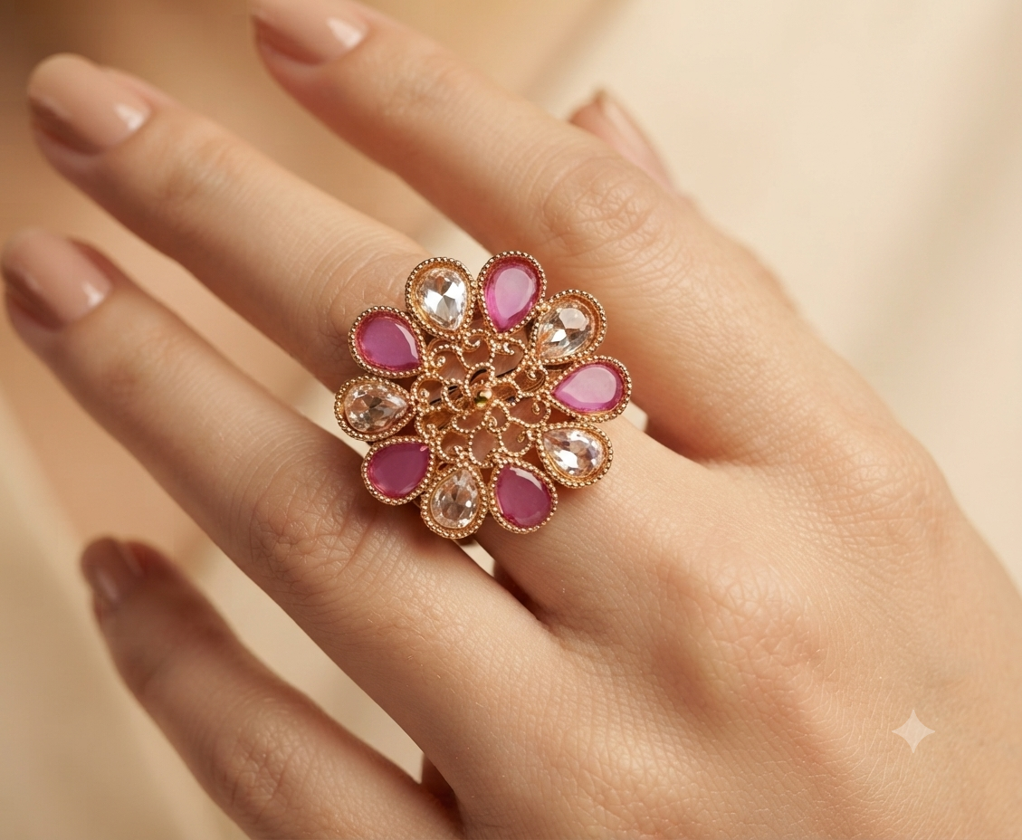 Mahnoor Ruby Pink Polki Floral Cocktail Ring Roz Jewellers
