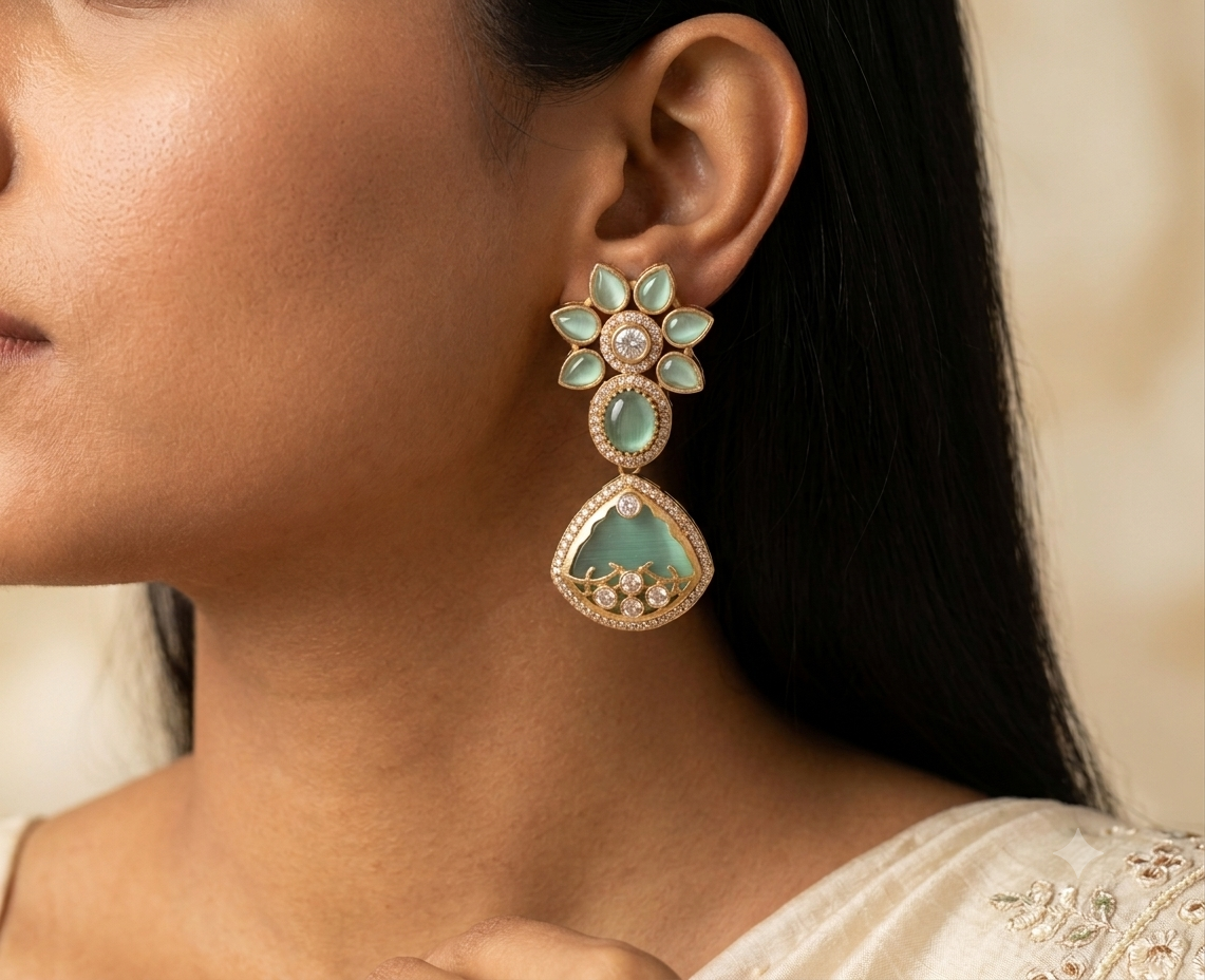 Ferozah Pakistani Mint Green Kundan Floral Drop Inlay Earrings Roz Jewellers.