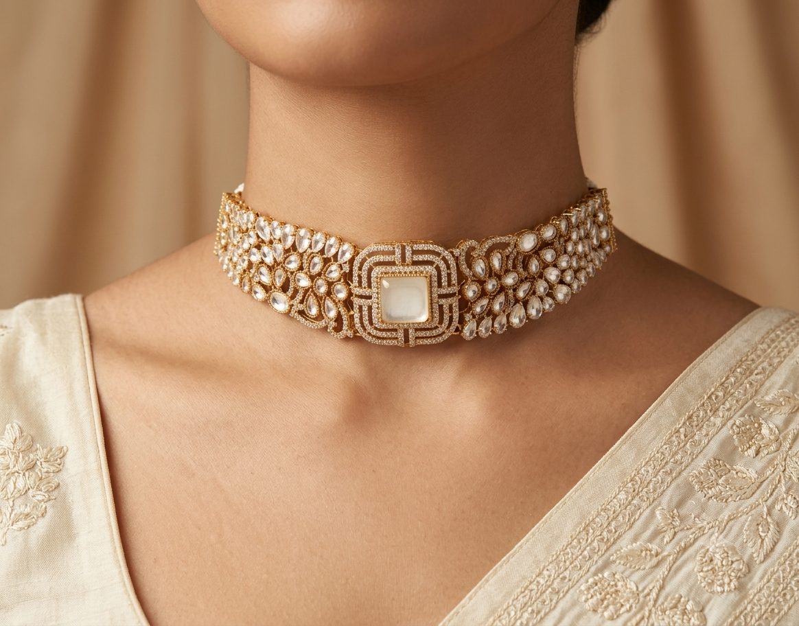Rania Handcrafted White Pearl Kundan Royal Choker Set Roz Jewellers.