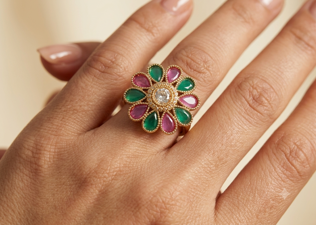 Fatima Luxury Emerald Floral Polki Ring Roz Jewellers.