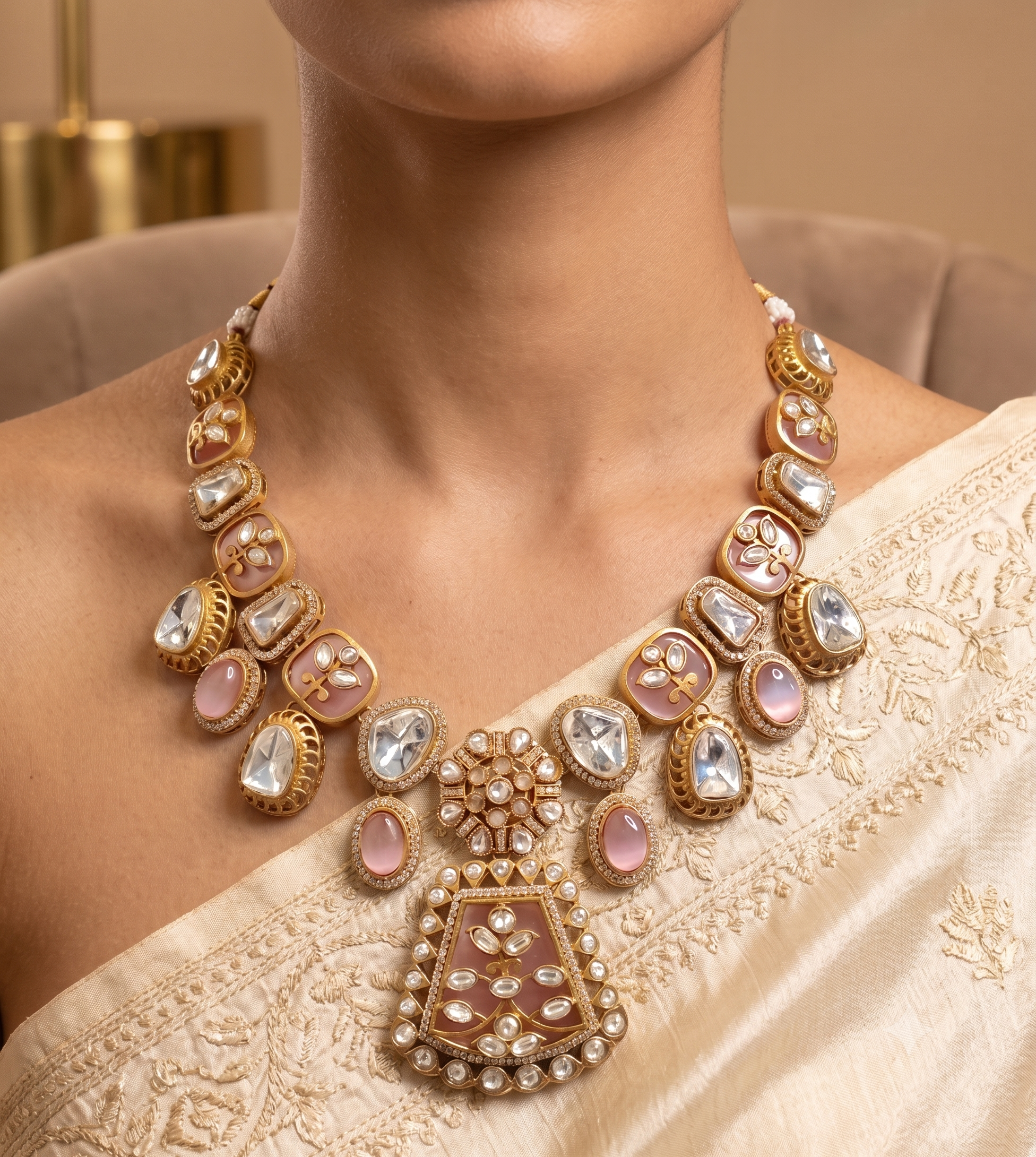Anusha Traditional Blush Pink and Gold Kundan Style Necklace Set Roz Jewellers.