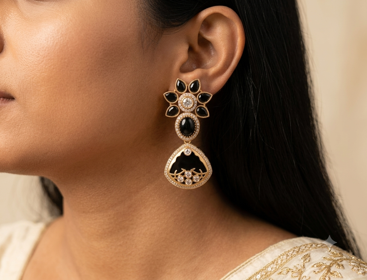 Nawra Wedding, Festive Black Kundan Floral Drop Inlay Earrings Roz Jewellers.