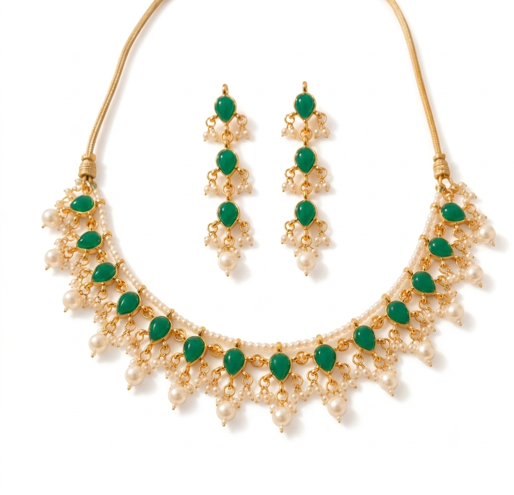 Kundan Emerald Green Teardrop Pearl Necklace Set with Long Earrings Roz Jewelle