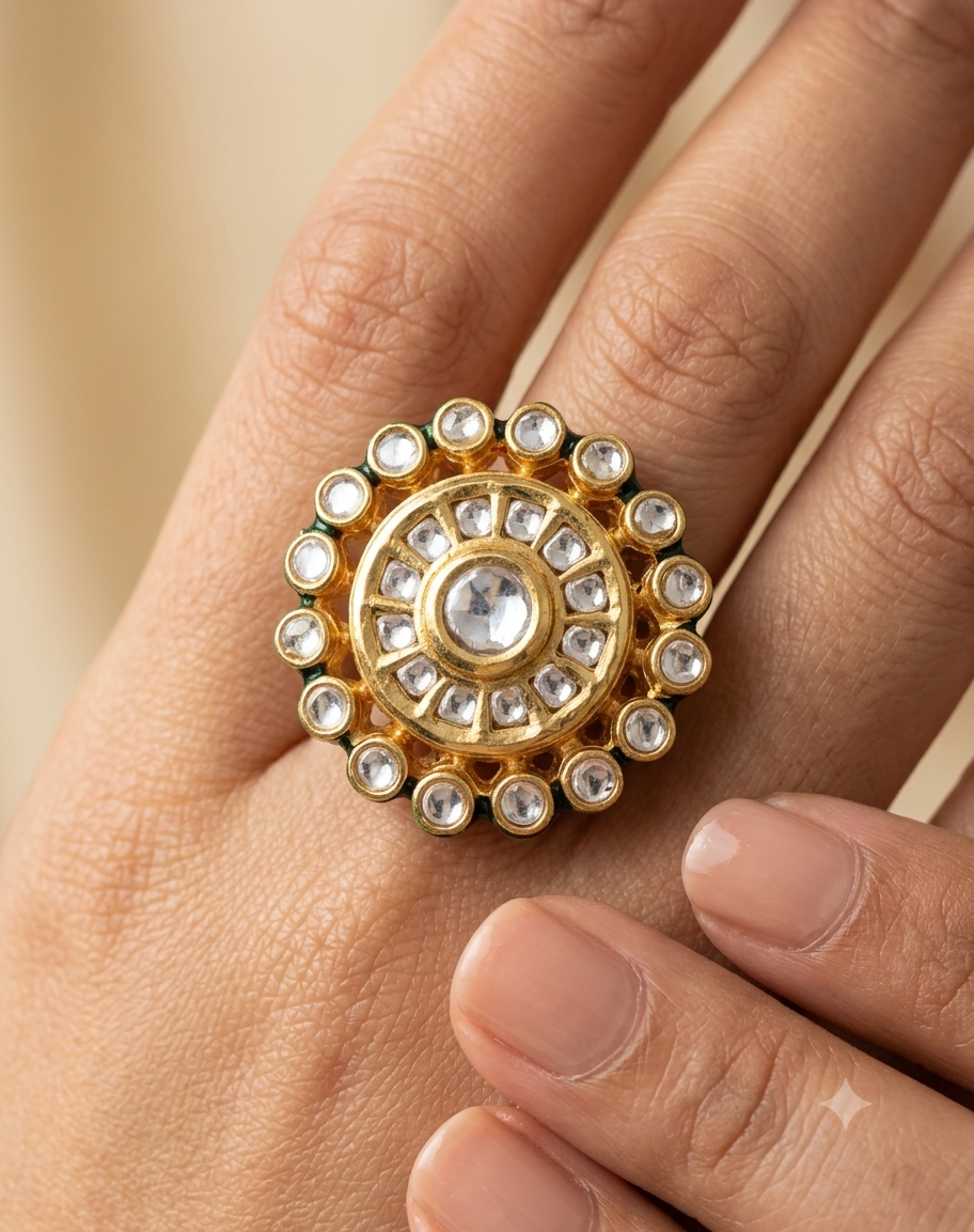 Premium Gold Plated Festive Statement Kundan Ring for Women Roz Jewellers