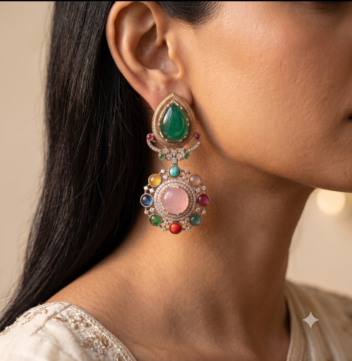 Gold-Finish Moissanite Emerald Green and Blush Pink Drop Earrings ROZ Jewellers
