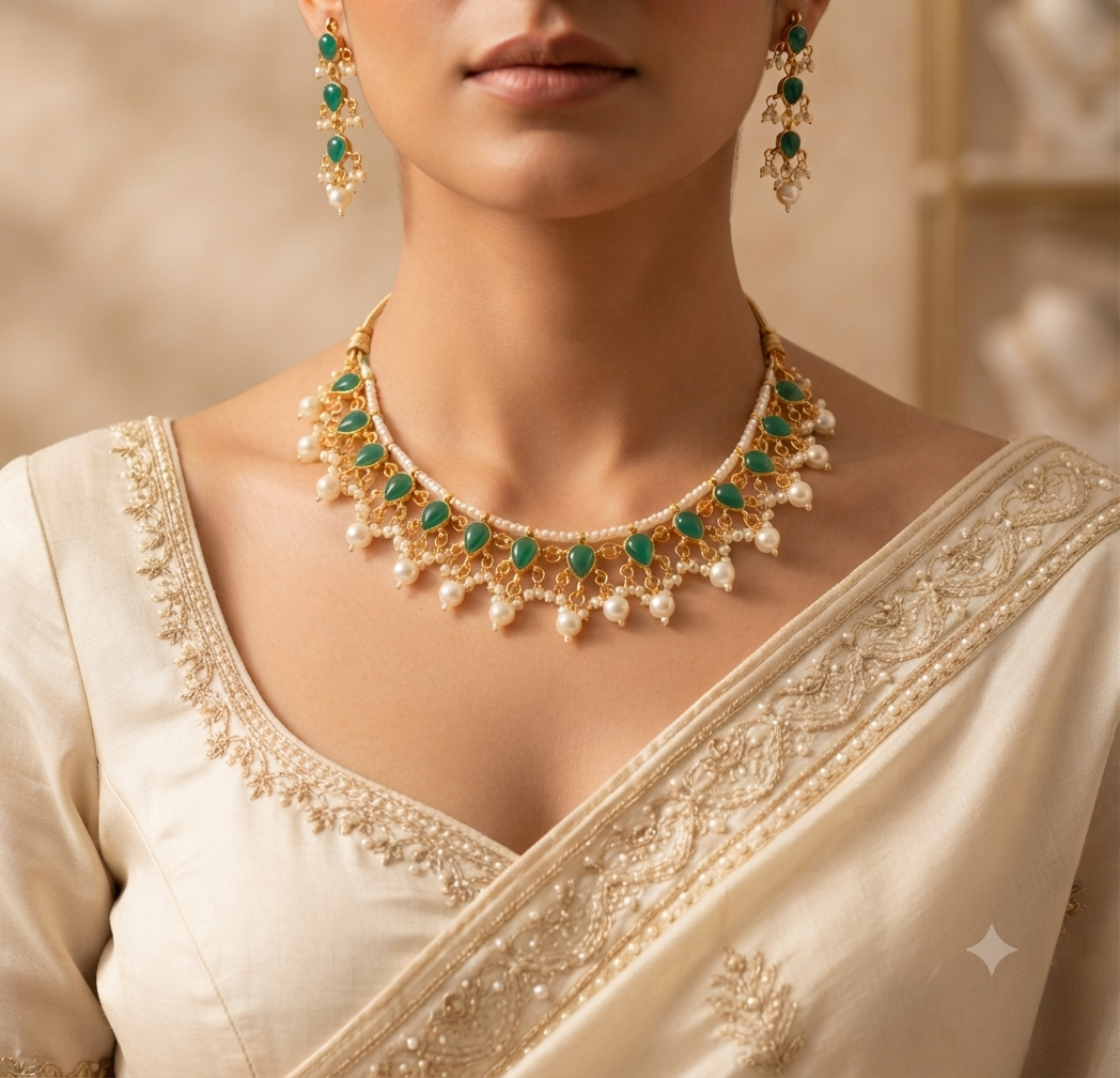 Kundan Emerald Green Teardrop Pearl Necklace Set with Long Earrings Roz Jewelle