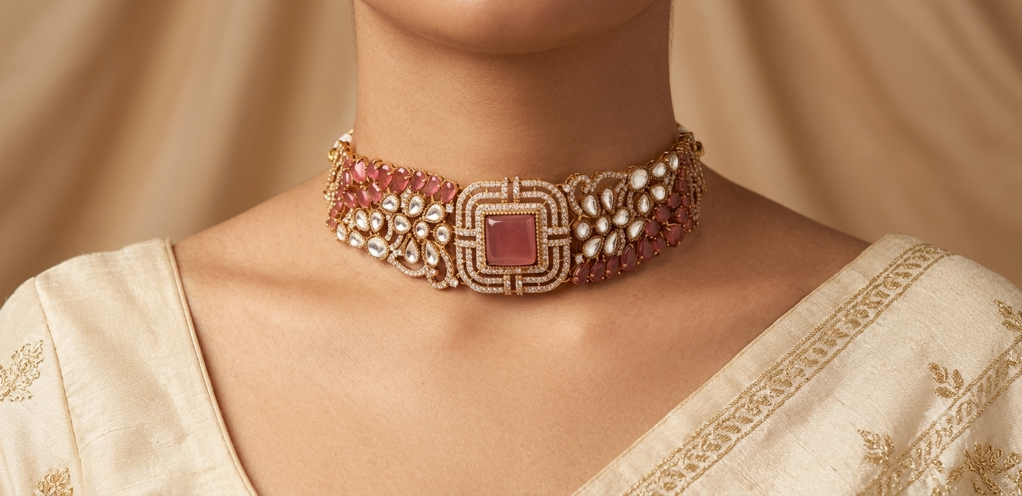 Hiba Rose Blush Art Deco Kundan Choker Set with Matching Earrings Roz Jewellers.