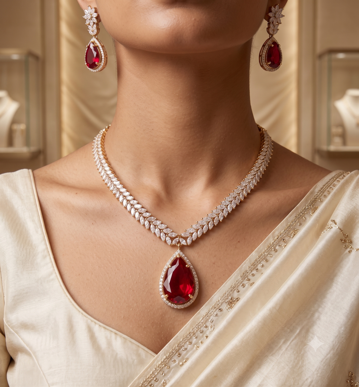 Elegant Flexible American Diamond with Ruby Centre Stone Necklace ROZ Jewellers.