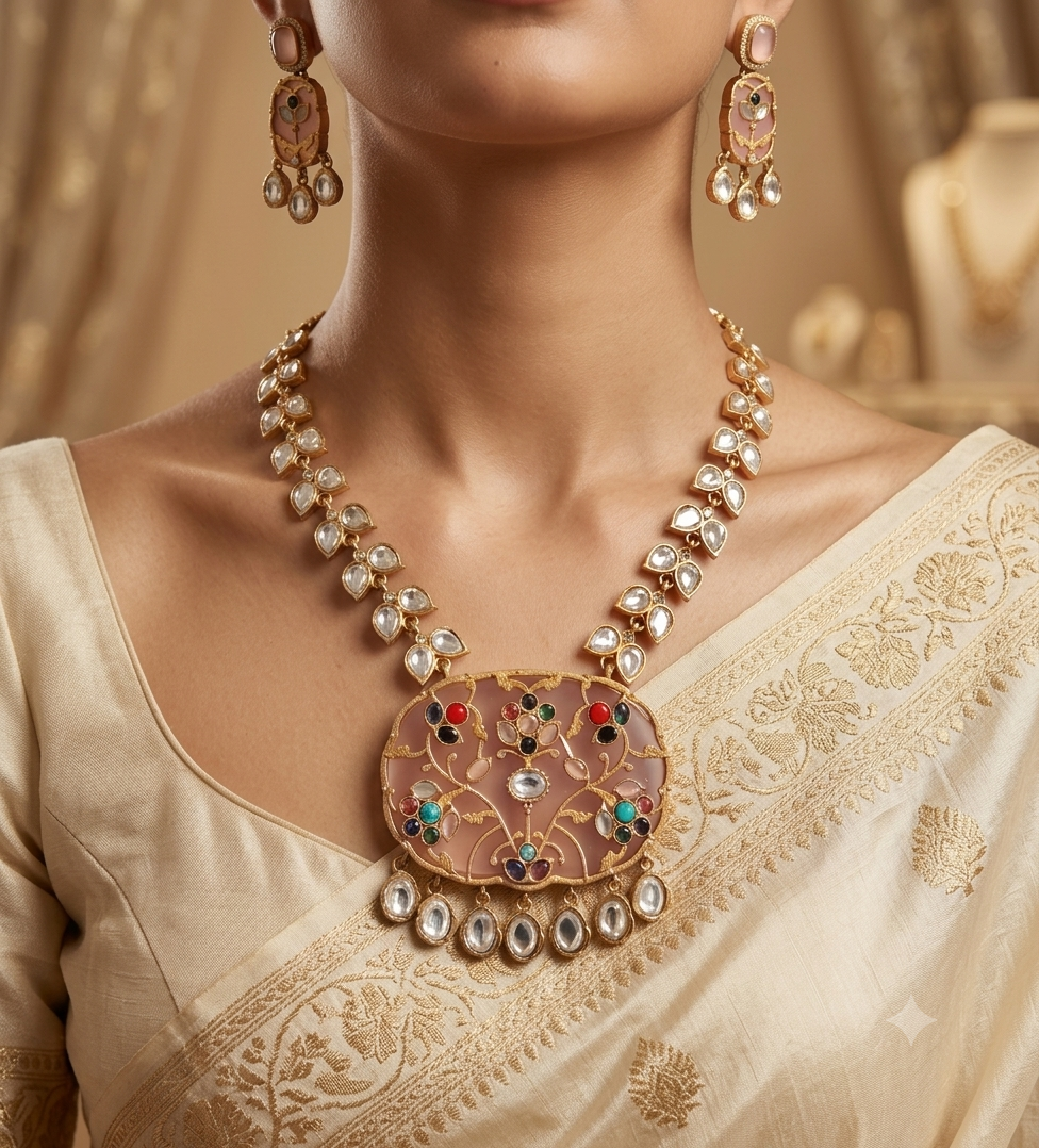 Mahveen Blush Pink Floral Kundan Inlay Necklace Set Roz Jewellers.