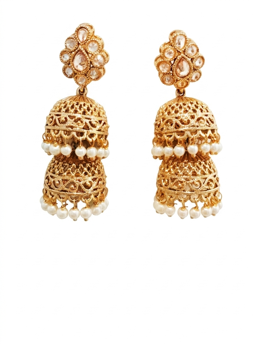Rehnuma Double Layer Pearl Jhumka Earrings with Polki Inspired Stone Roz Jeweller