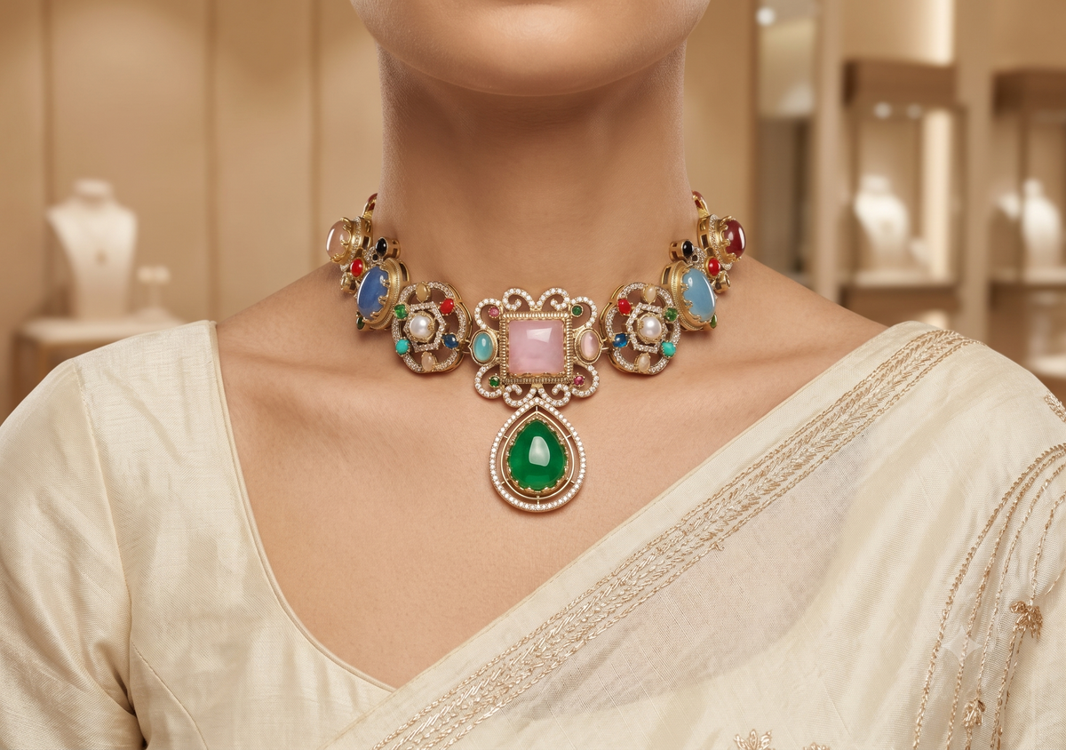 Emerald Multicolour Moissanite Choker Necklace Indian Bridal Wedding Jewellery Roz Jewellers