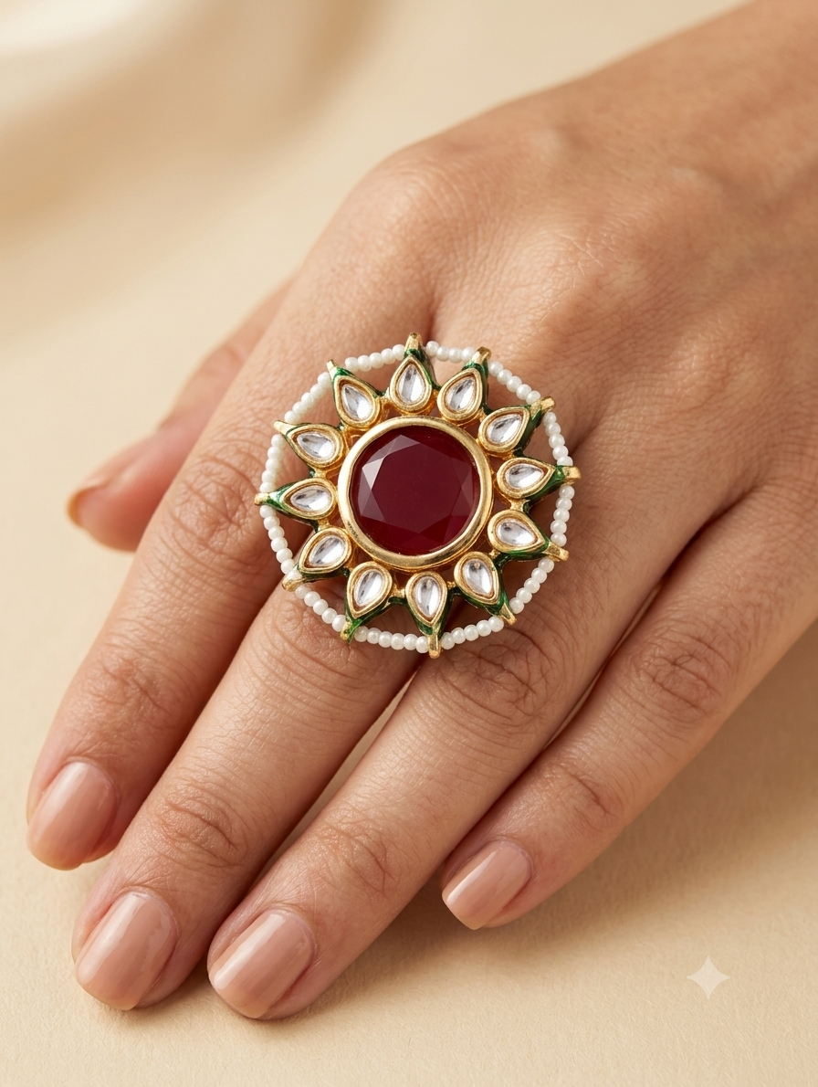 Royal Kundan Ring with Intricate Meenakari Work Roz Jewellers