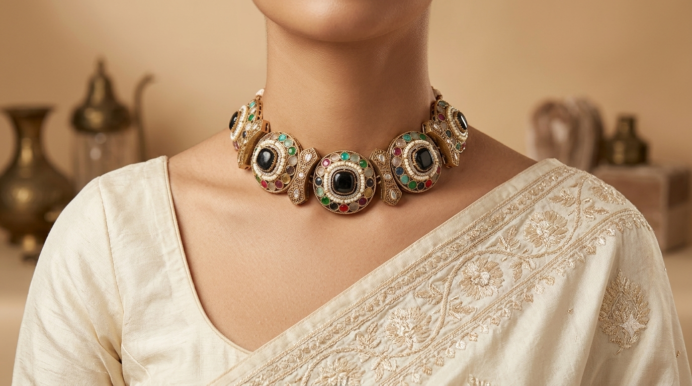 Haneen Bridal Black Stone Heritage Statement Kundan Choker Set Roz Jwellers.