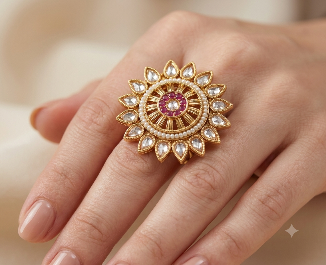 Tarannum Royal Ruby Sunburst Polki Statement Adjustable Ring Roz Jewellers.
