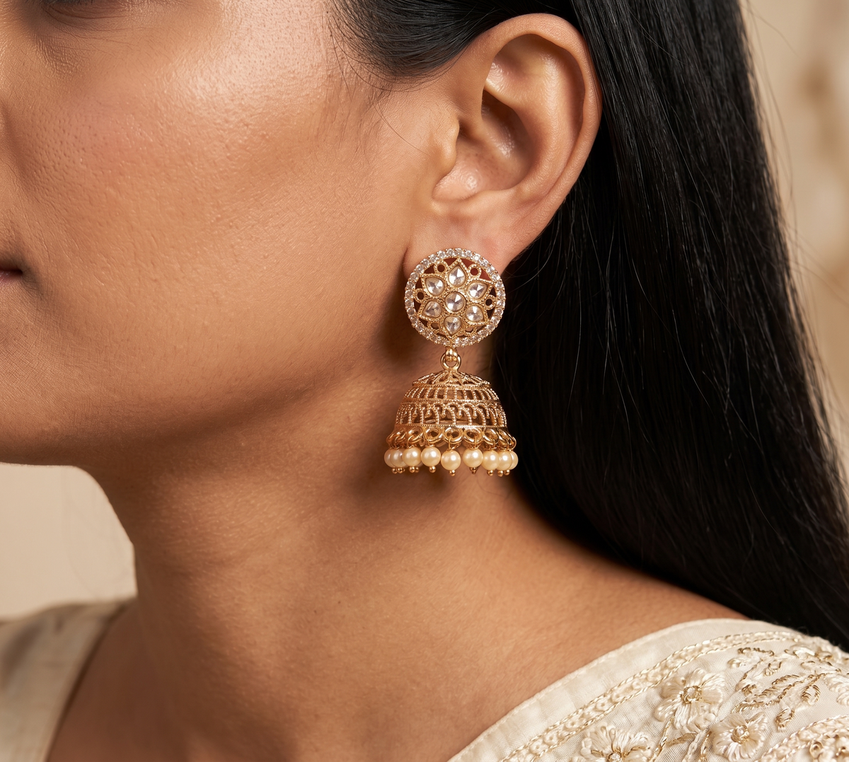 Traditional Gold Filigree Polki Jhumkas with Pearl Drops Roz Jewellers.