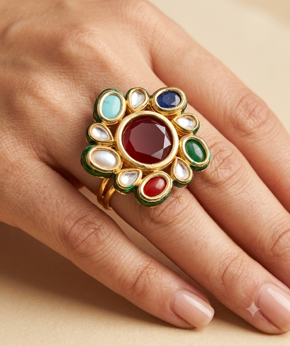 Handcrafted Meenakari Adjustable Kundan Cocktail Ring Roz Jewellers