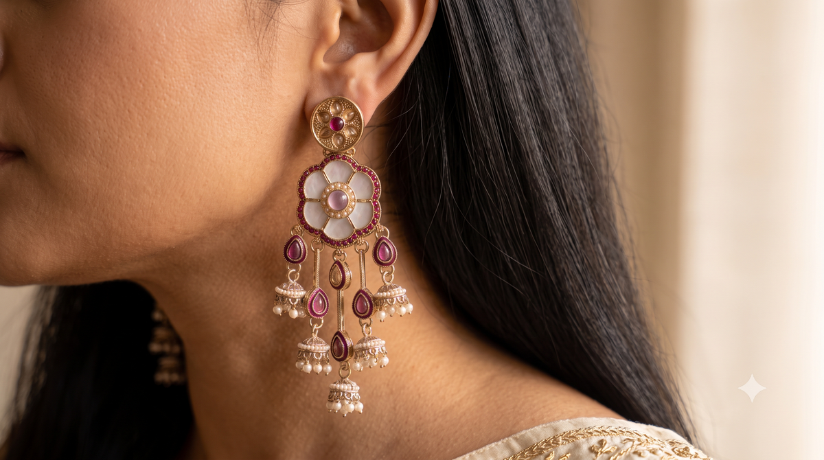 White Purple Moissanite Long Dangle Earrings Floral Stone Pearl Embellished Roz Jewellers
