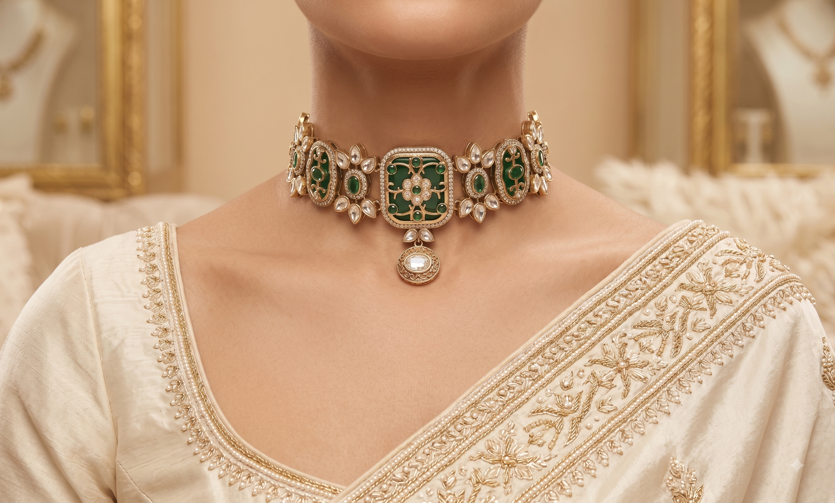 Ayzel Reception Emerald Kundan Choker Set With Matching Earrings Roz Jewellers.