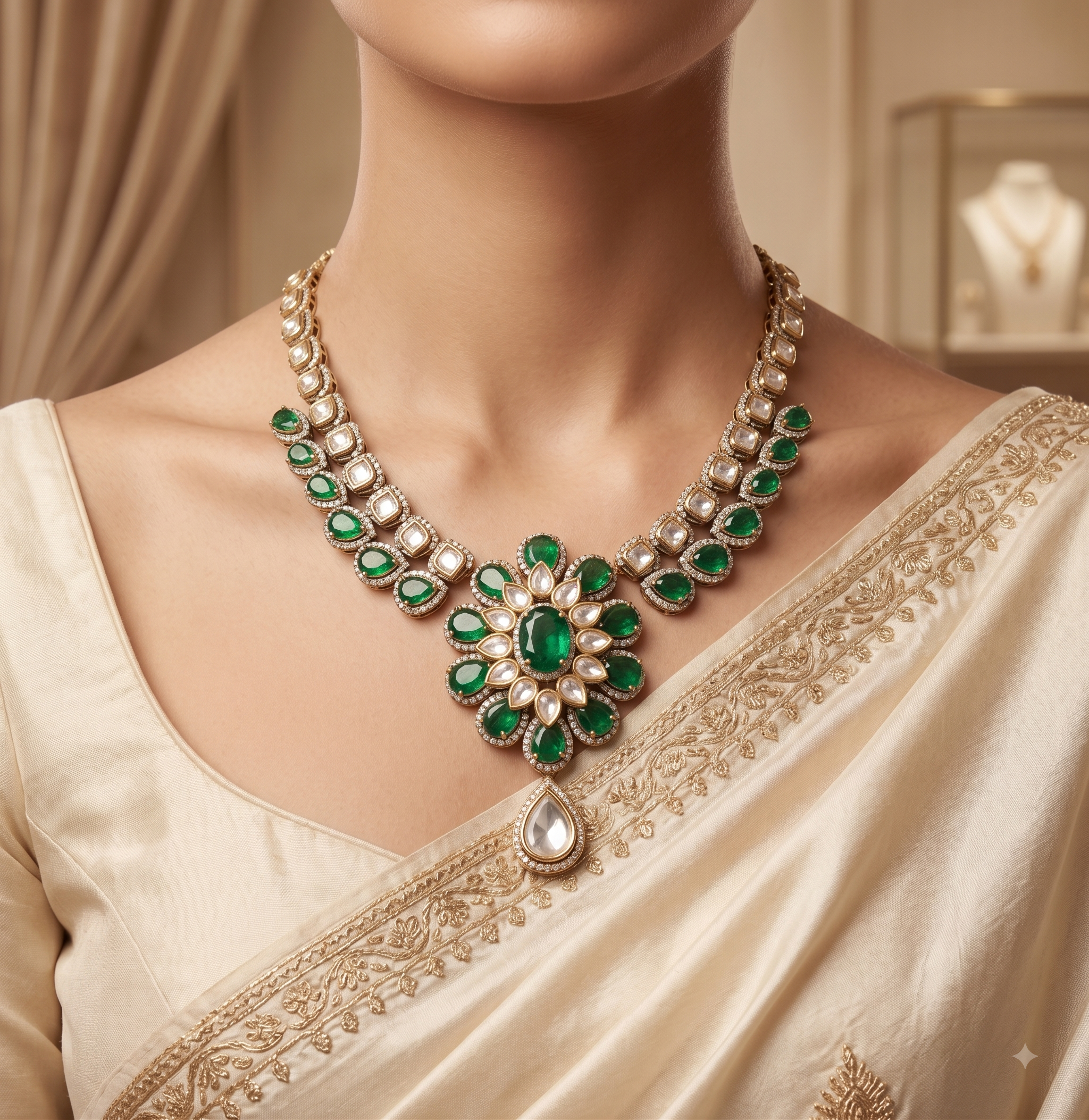 Mahiba Pakistani Green Emerald Kundan Necklace Set Roz Jewellers.