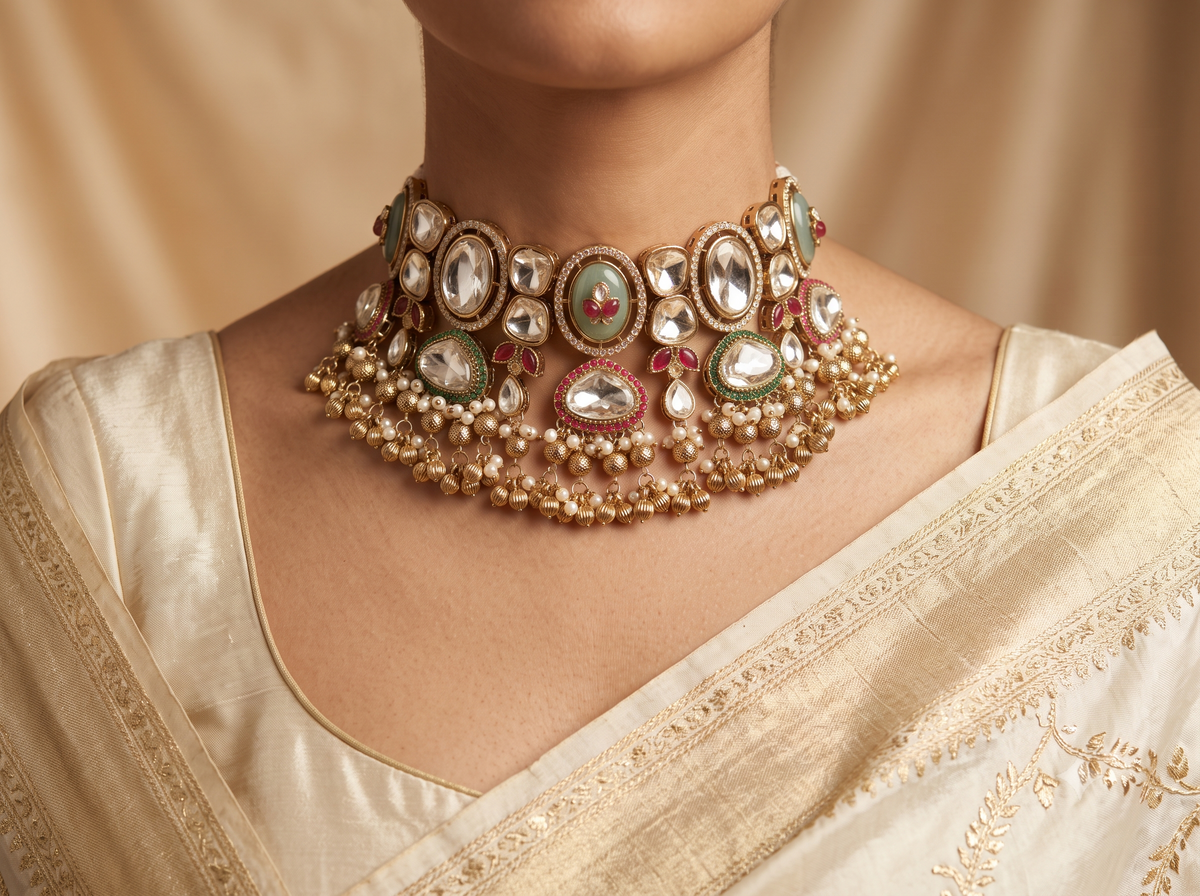 Gray Moissanite Choker Necklace Set with Matching Earrings Wedding Jewellery Roz Jewellers