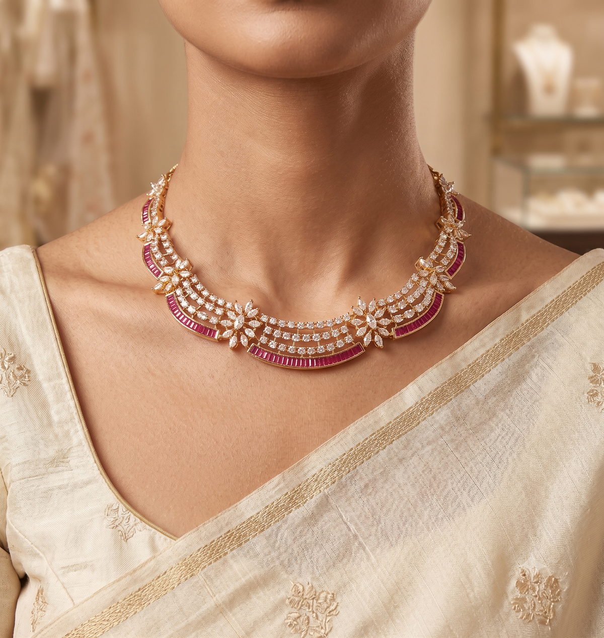 Ethnic American Diamond Necklace Set by ROZ Jewellers