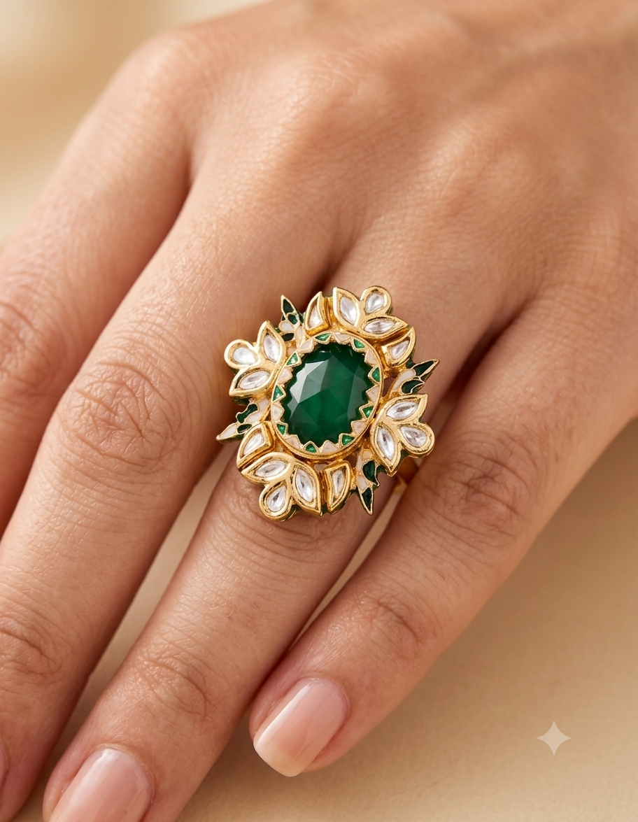 Designer Meenakari Kundan Cocktail Ring Adjustable Size Roz Jewellers