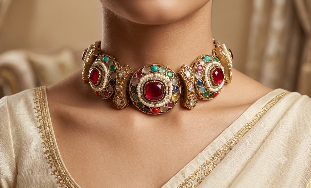 Mishal Reception Jewellery Ruby Red Statement Kundan Choker Set Roz Jewellers.