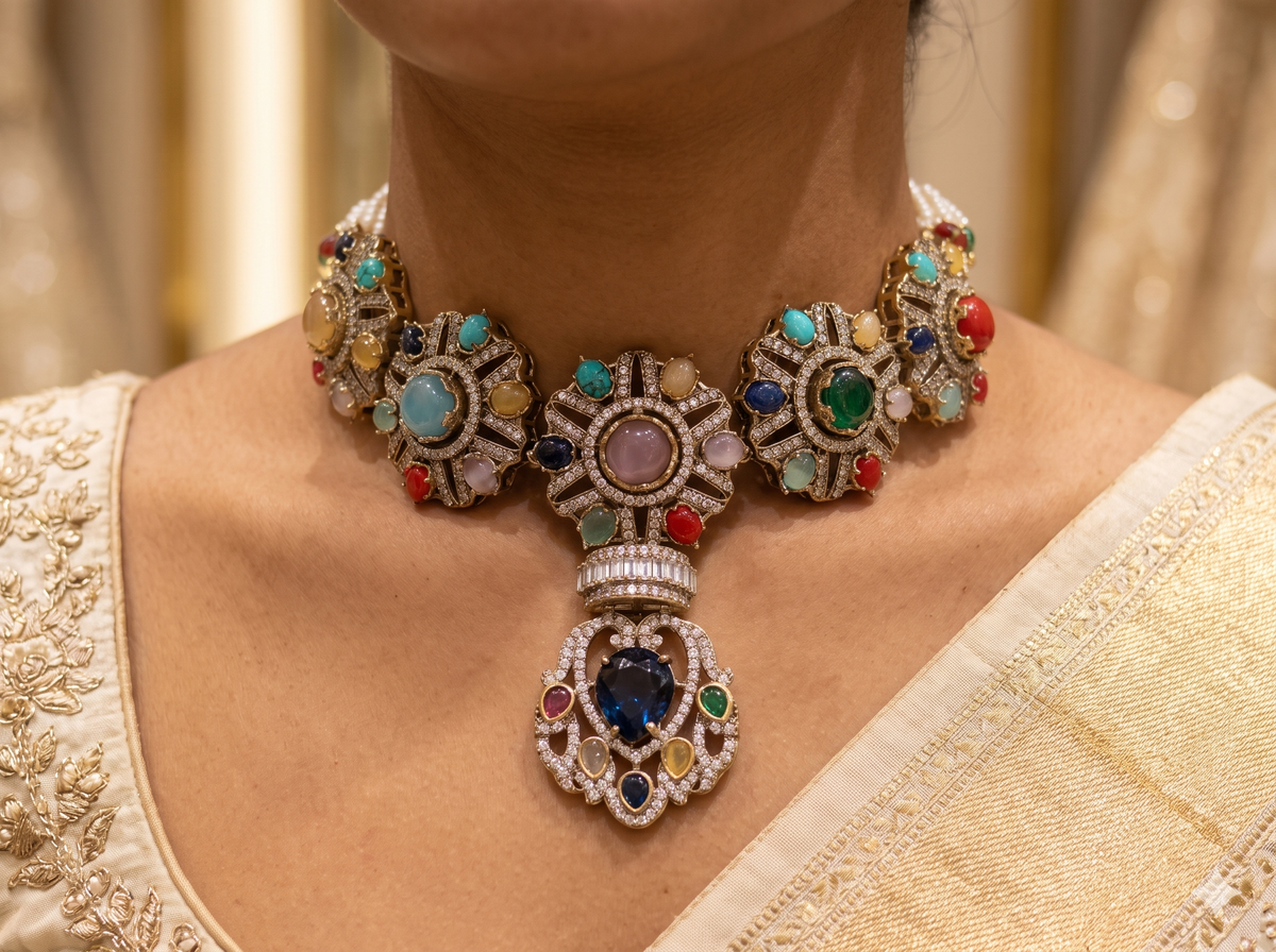 Multi Moissanite Choker Necklace Set with Matching Earrings Indian Bridal Jewelery Roz Jewellers