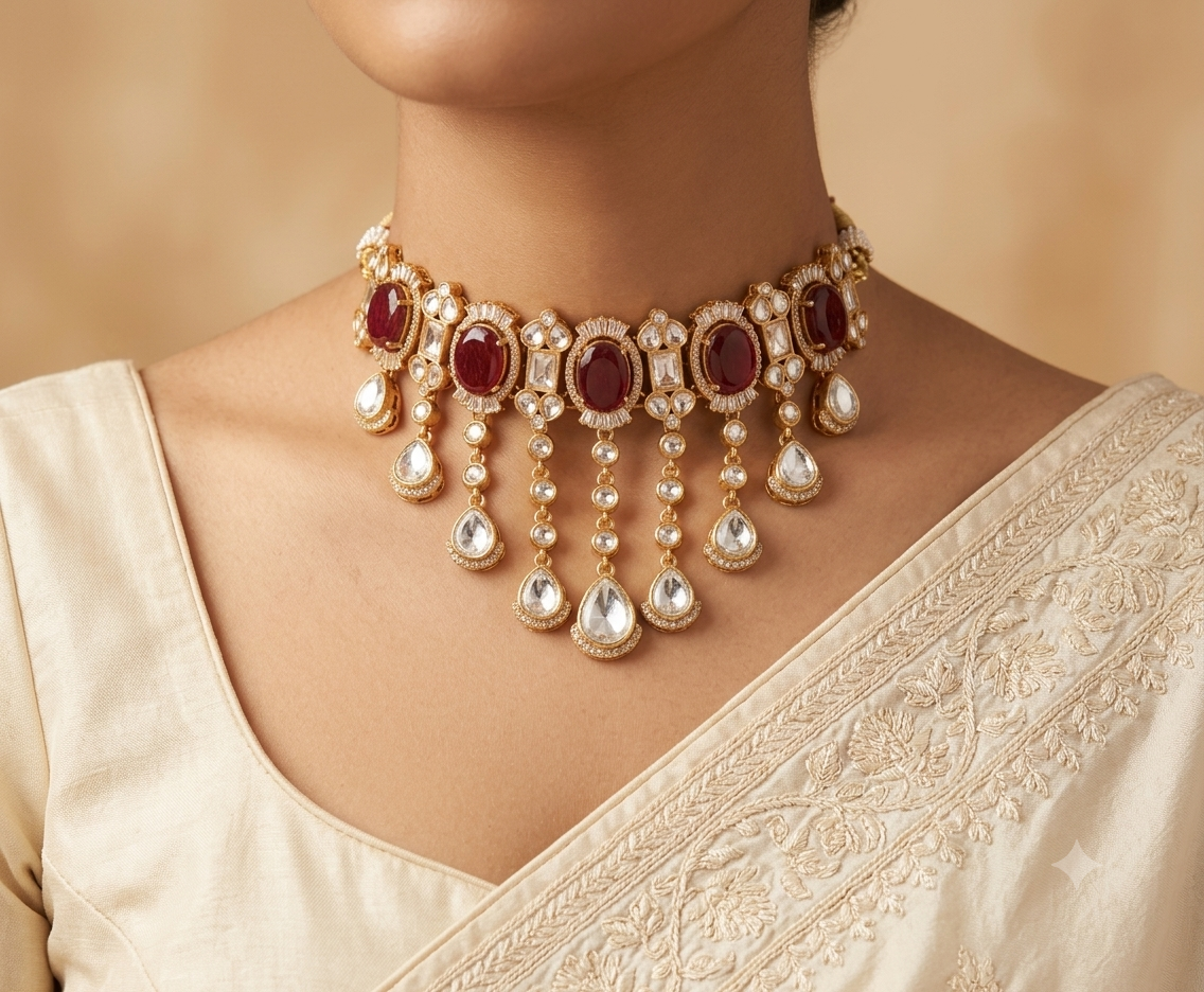 Eiliyah Indian Wedding Ruby Red Kundan Choker Necklace Set Roz Jewellers.