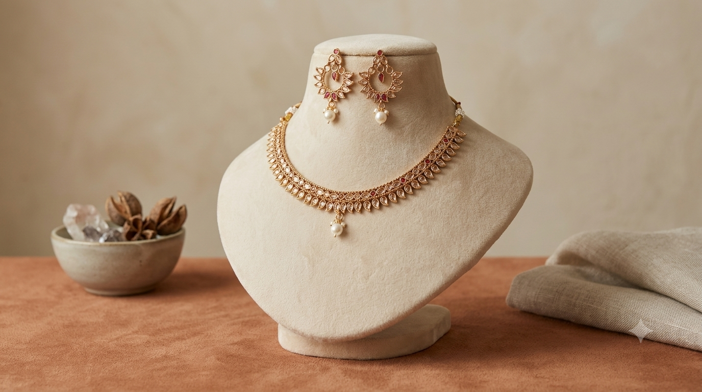 Amina Indian Pakistani Polki Bridal Jewelry Set Wedding Necklace Earrings for Women Gold Plated