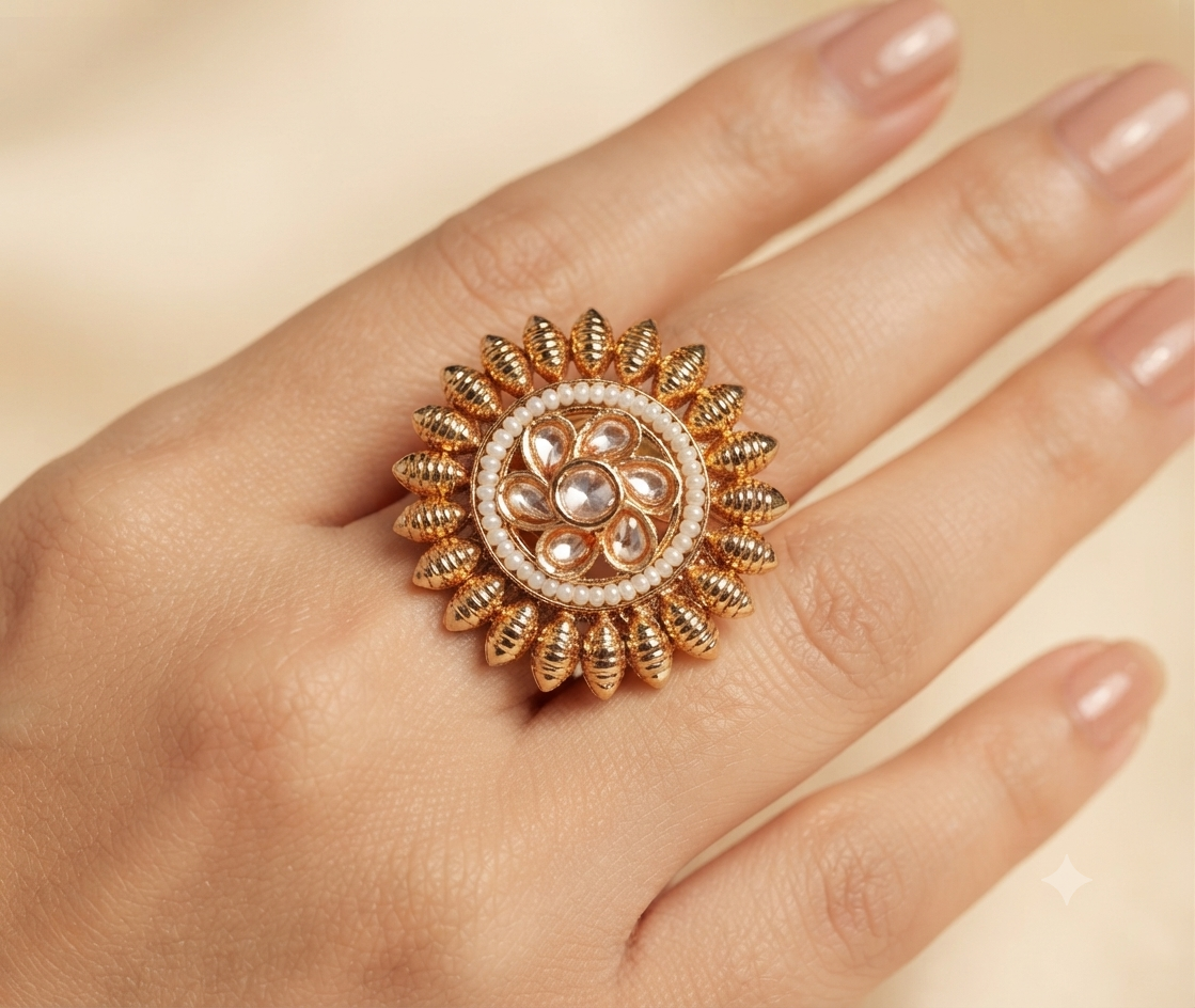 Nayla Traditional Indian Wedding Ring of Polki Gold Roz Jewellers.