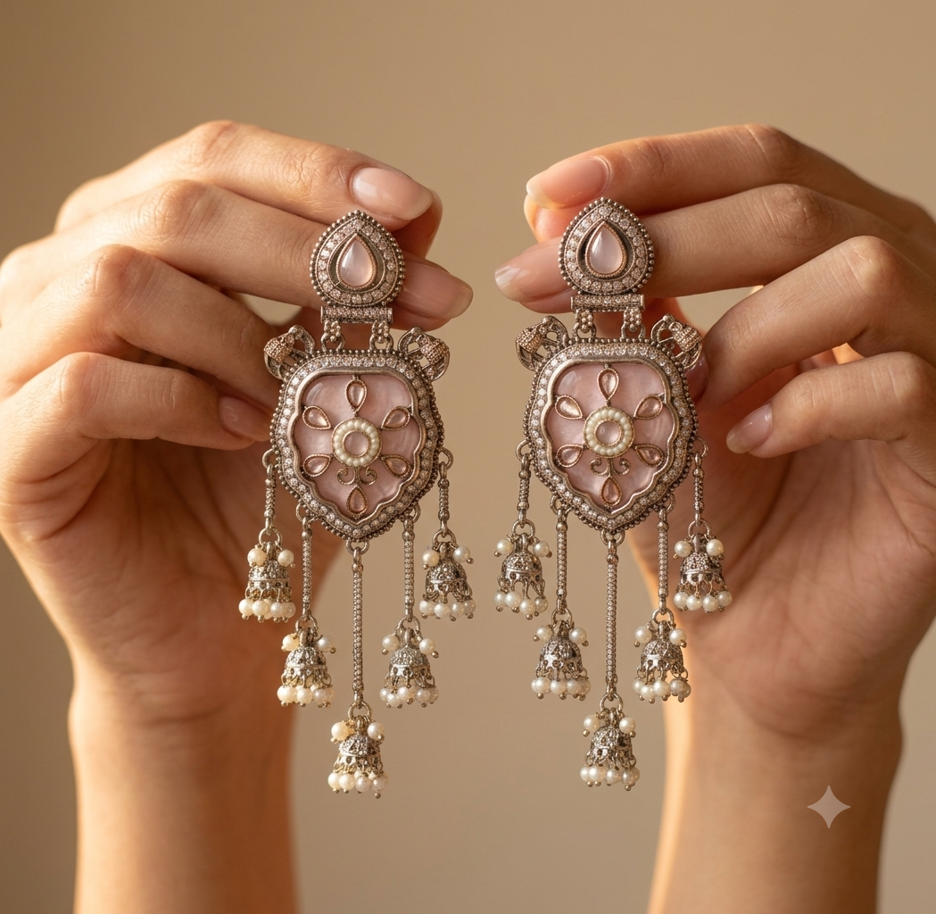 Blush Pink Moissanite Stone Jhumka Earrings Traditional Indian Wedding Accessories Roz Jewellers