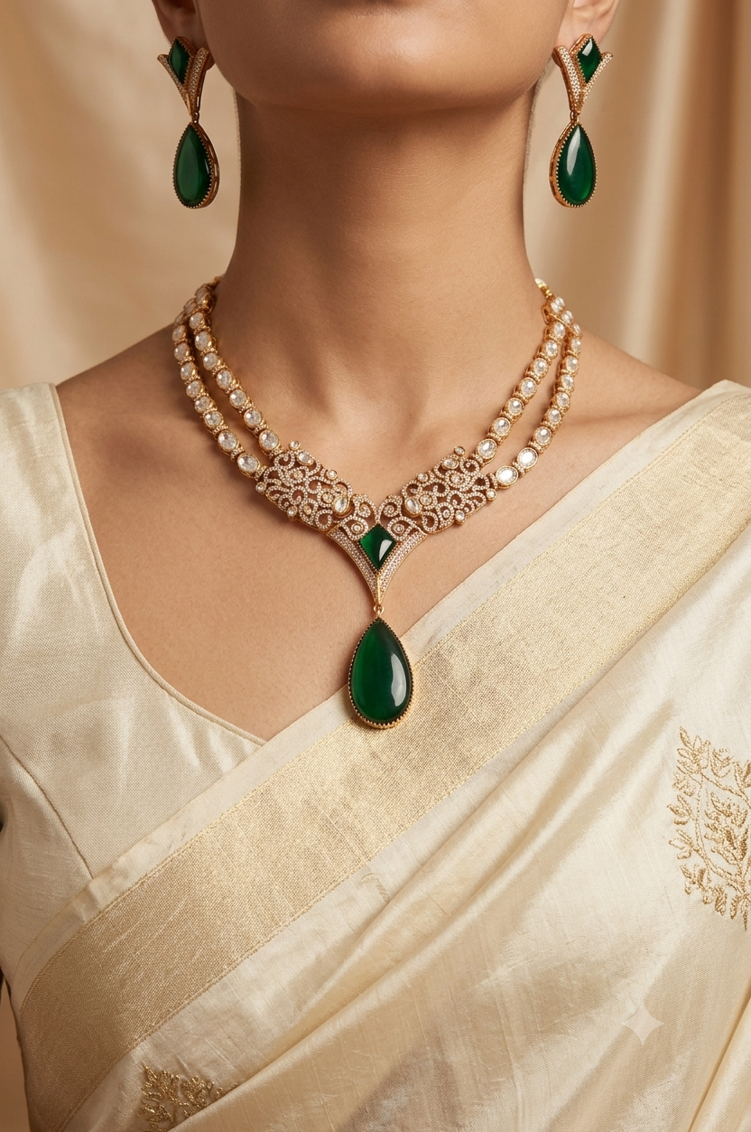 Aabish Indian Royal Emerald Green Kundan Teardrop Necklace Set Roz Jewellers.
