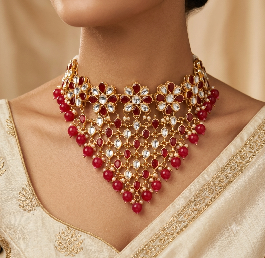Aiza Red Kundan Floral Bridal Choker Set with Pink Bead Drops Roz Jewellers.