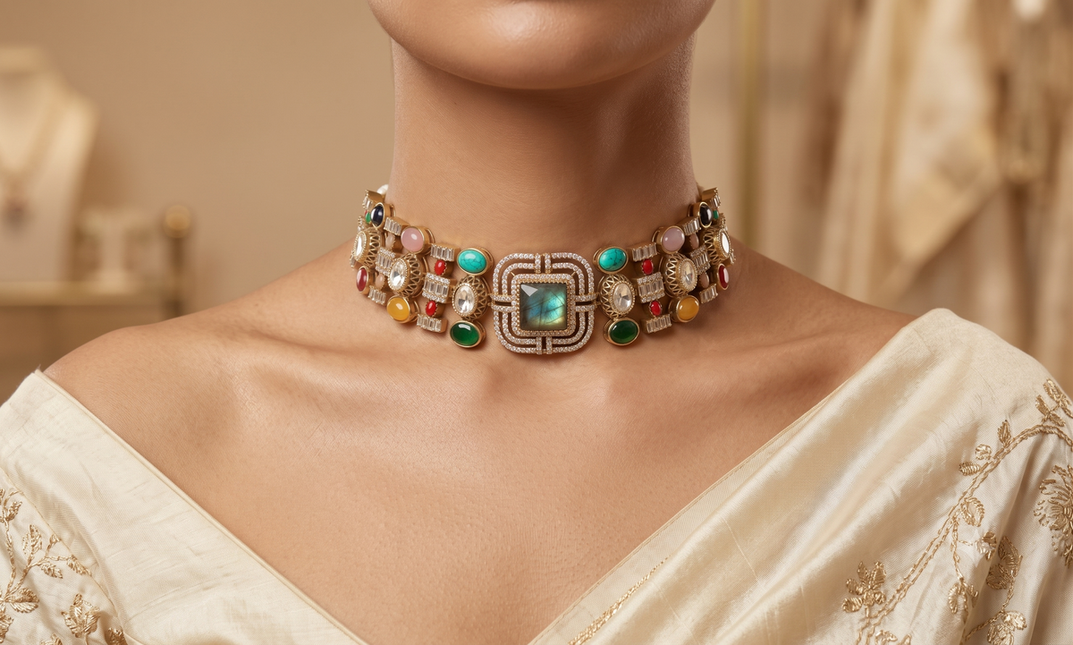 Luxury Moissanite Choker Necklace Bridal Wedding Indian Pakistani Jewelry Set Roz Jewellers