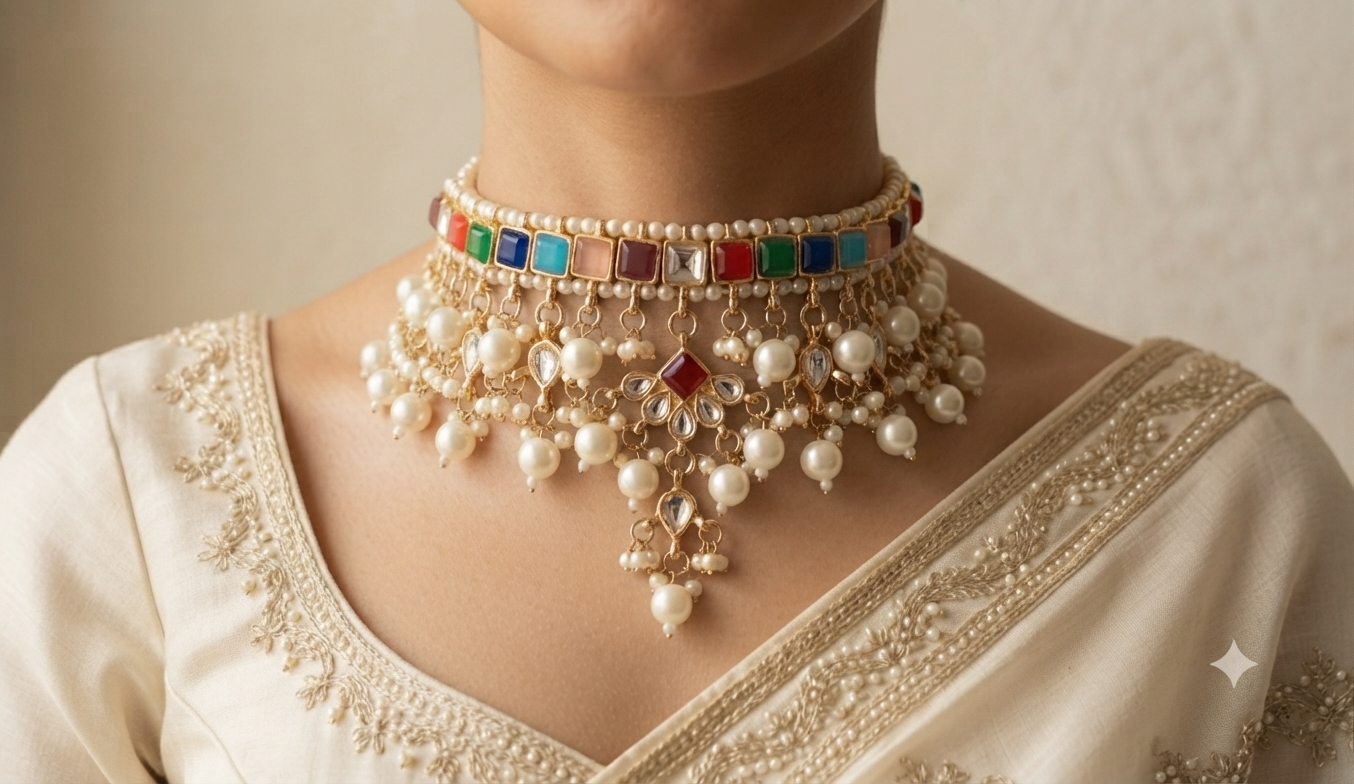 Muneza Multicolour Kundan Pearl Bridal Choker Necklace Set Roz Jewellers.