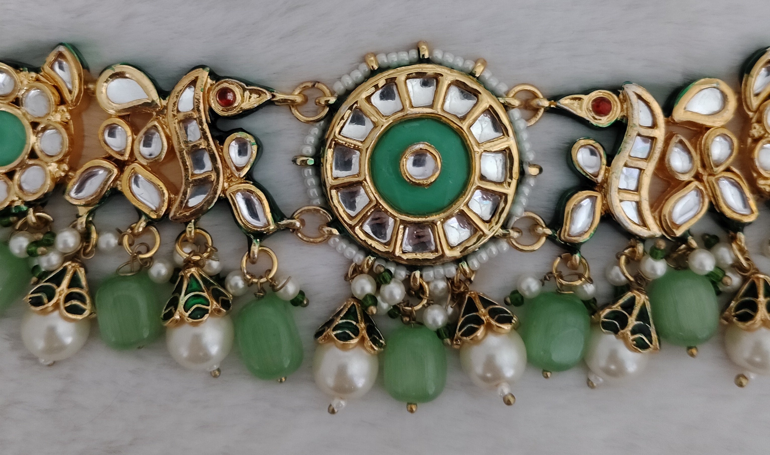 Mint Green Pearl Kundan Choker with Floral Motifs Roz Jewellers.