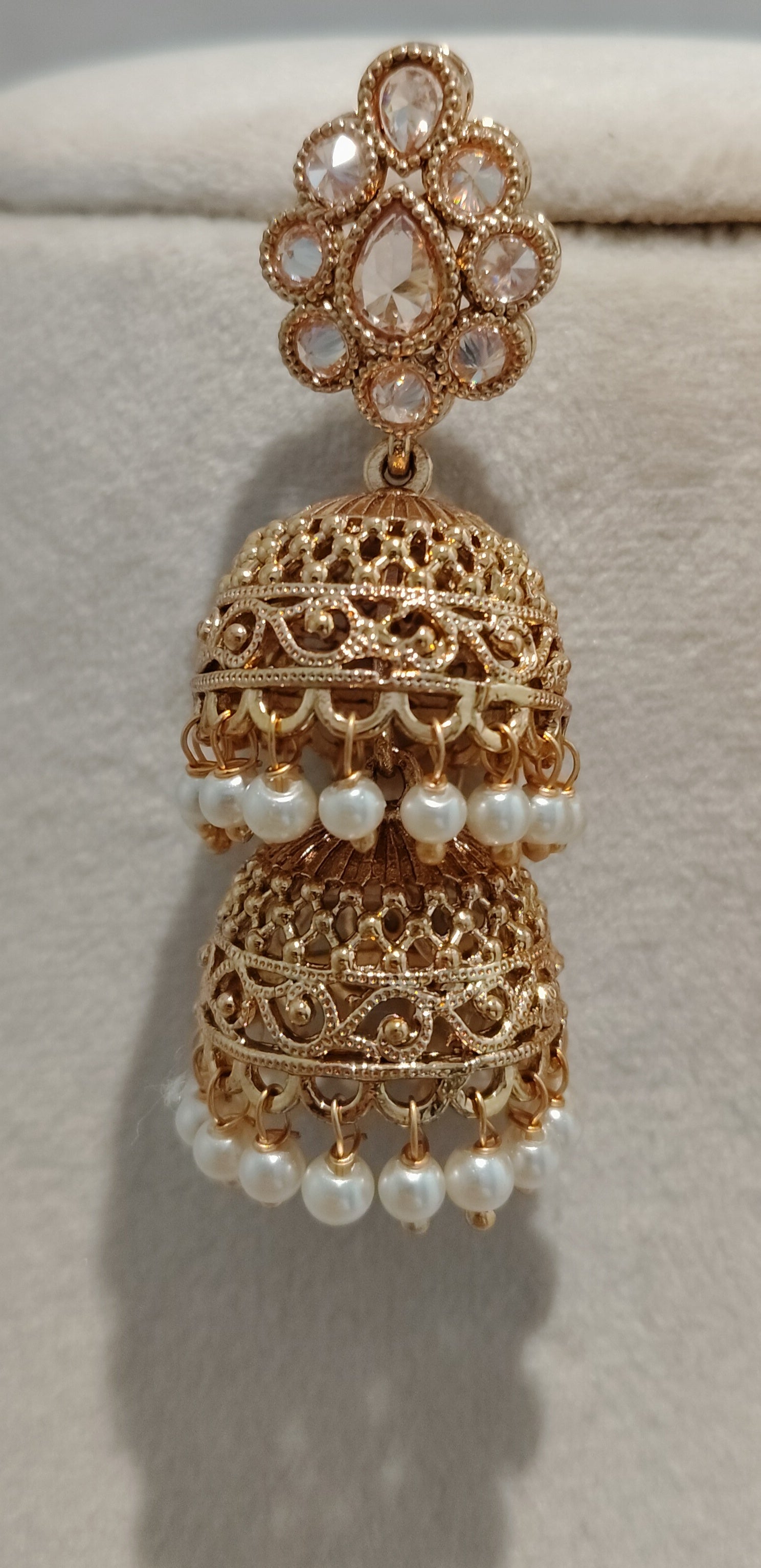 Rehnuma Double Layer Pearl Jhumka Earrings with Polki Inspired Stone Roz Jeweller